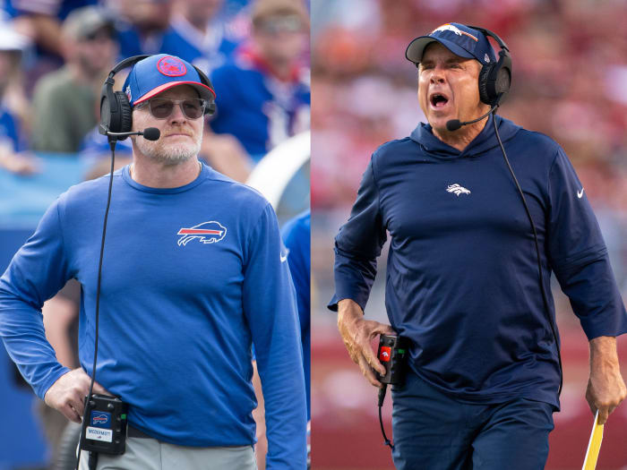 Buffalo Bills head coach Sean McDermott (left) and Denver Broncos head coach Sean Payton (right).